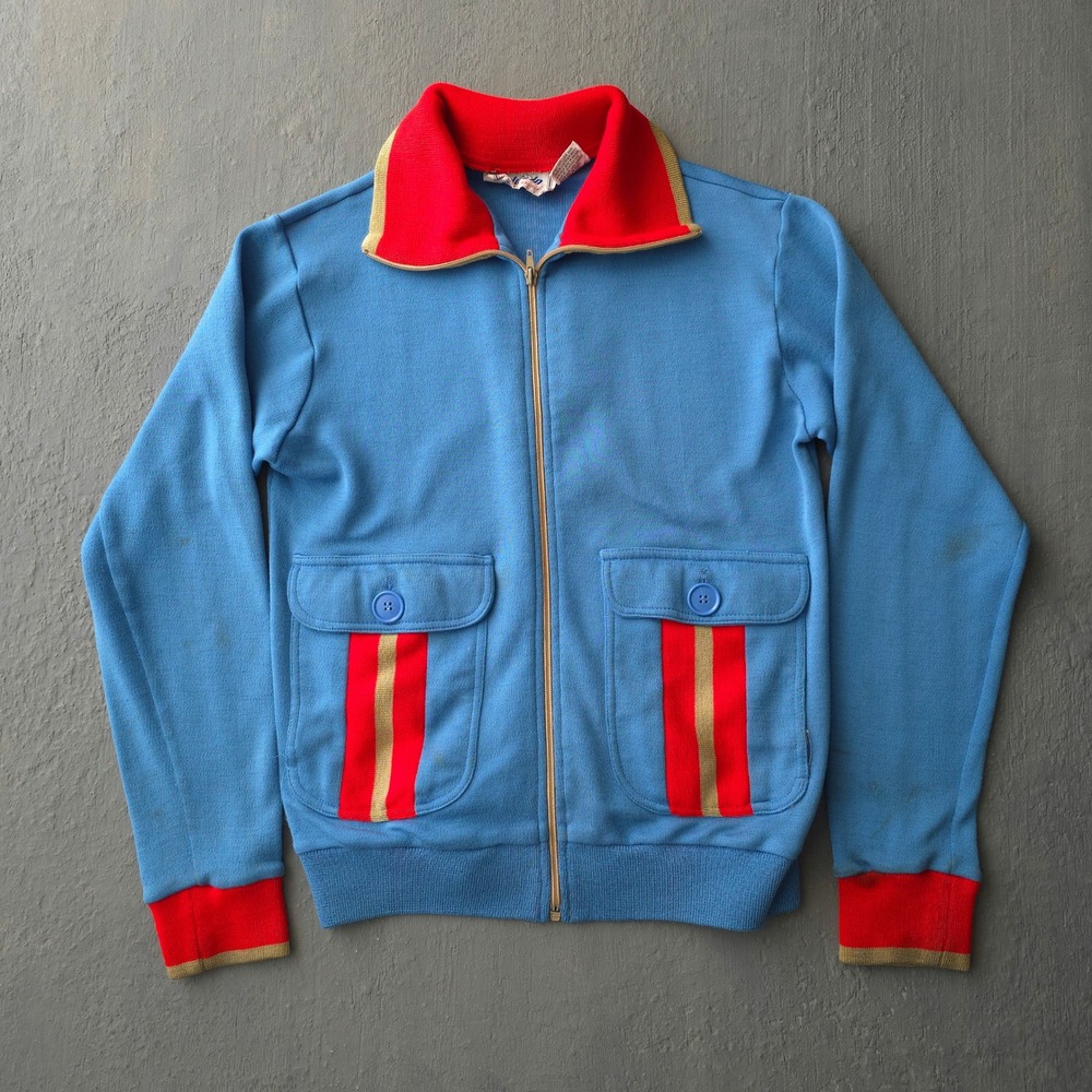 Vintage 80s Add-in Blue Track Jacket S Striped Acrylic Full Zip Retro Athletic